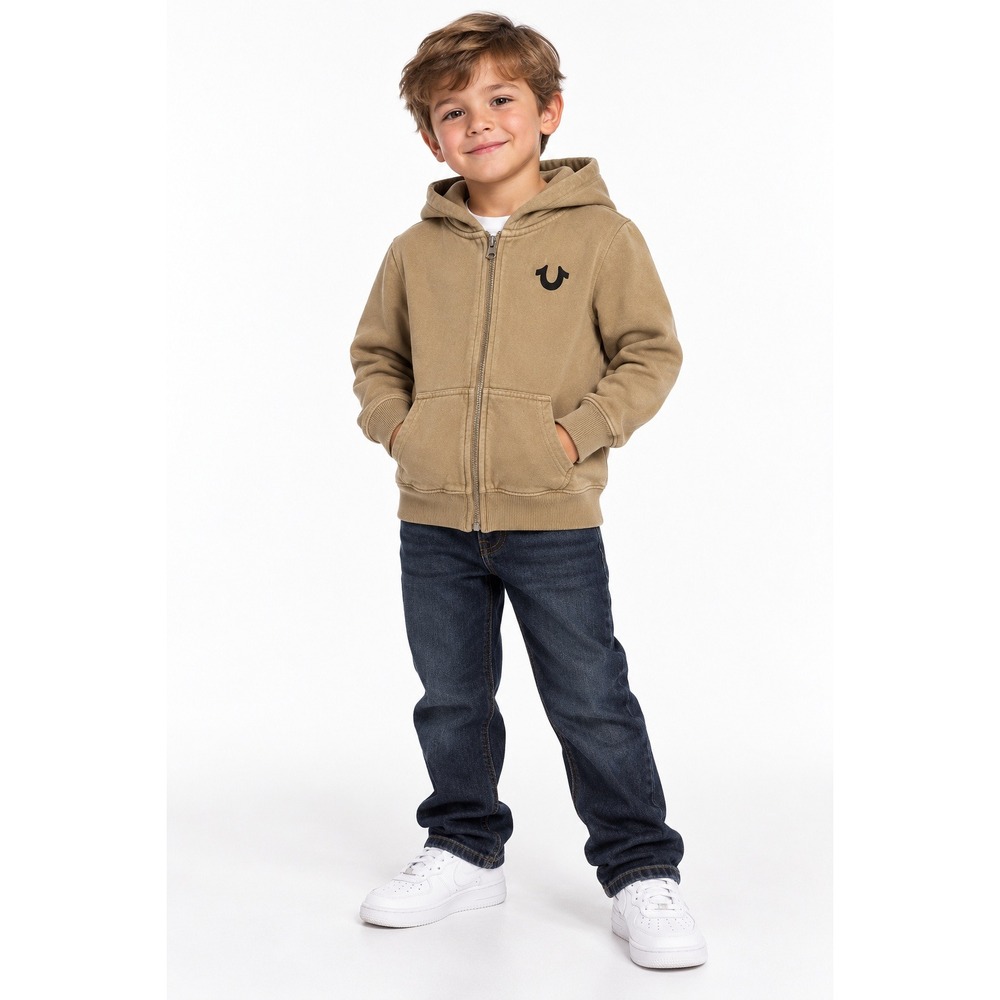 True Religion Kids Hoodie 5/6 Tan Full Zip Horseshoe Logo Western Streetwear